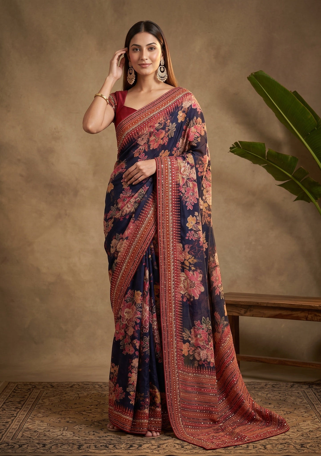 Navy Blue Mirrorwork Chinon Saree
