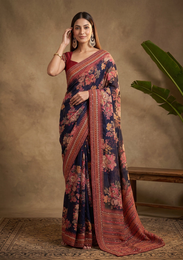 Navy Blue Mirrorwork Chinon Saree
