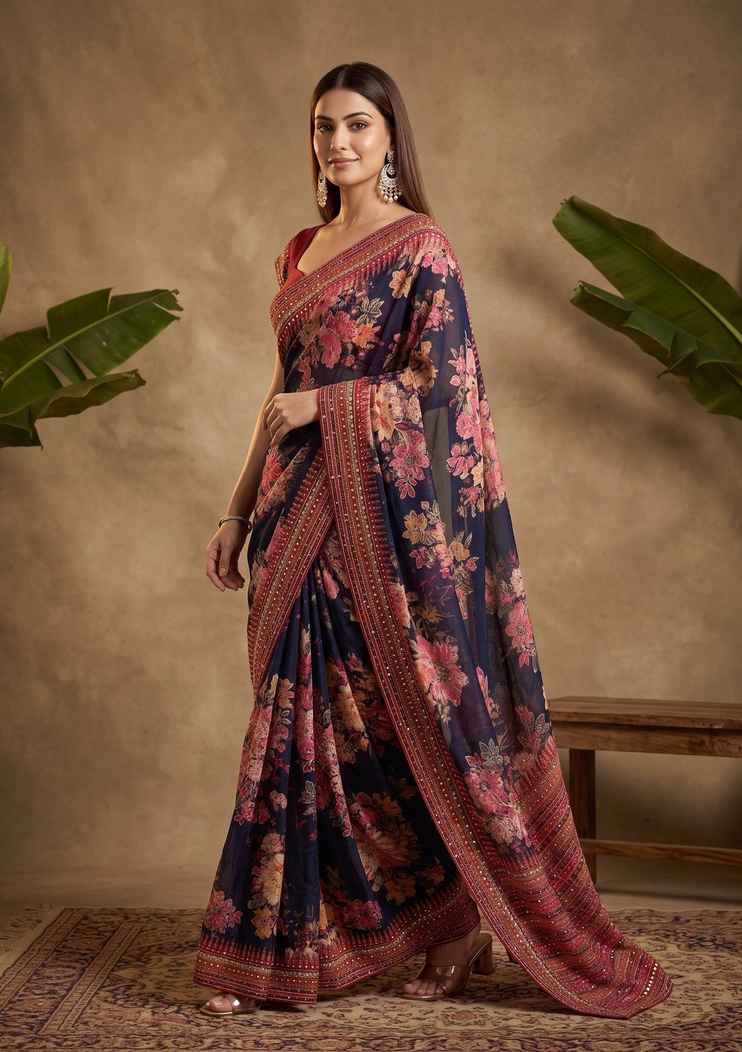 Navy Blue Mirrorwork Chinon Saree