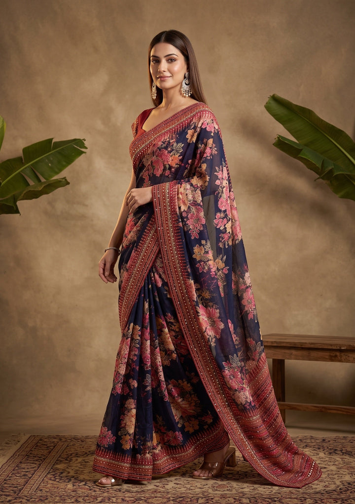 Navy Blue Mirrorwork Chinon Saree