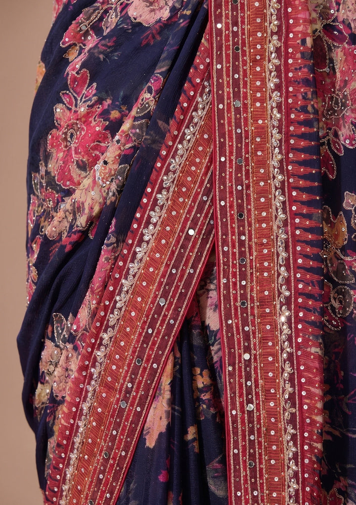 Navy Blue Mirrorwork Chinon Saree
