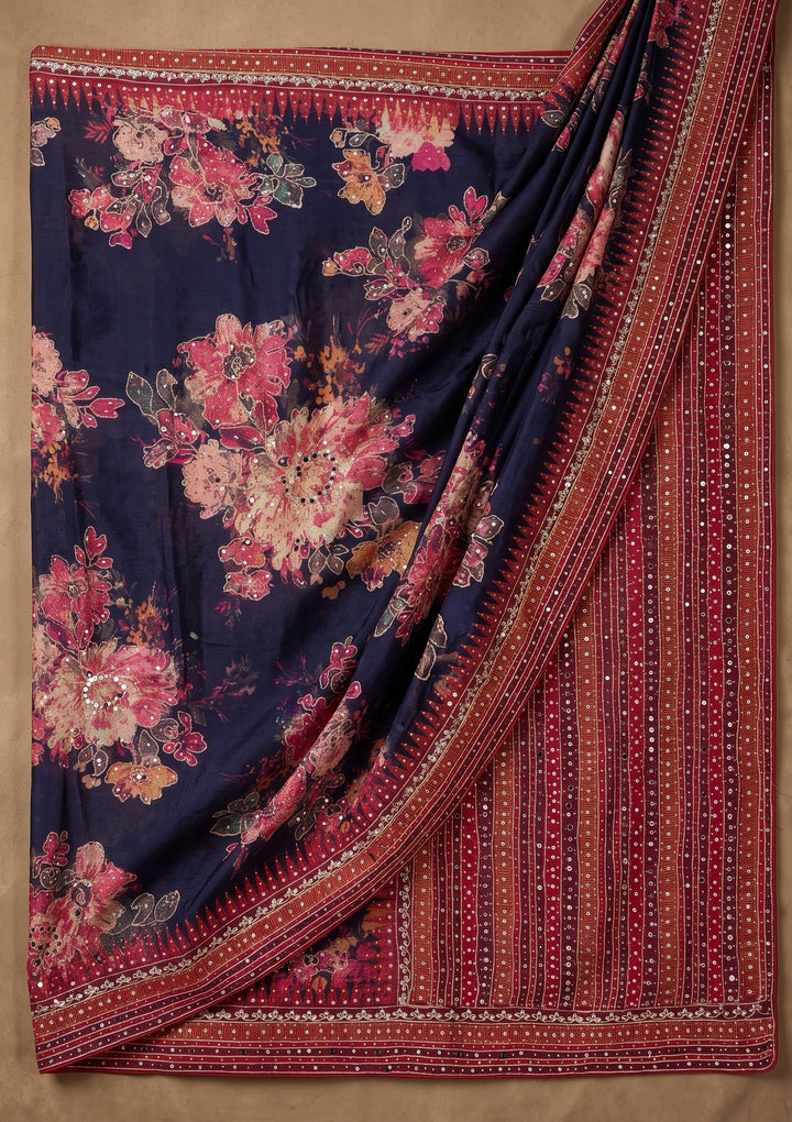 Navy Blue Mirrorwork Chinon Saree