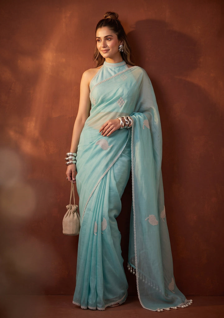 Sky Blue Stonework (Silver) Chiffon Saree