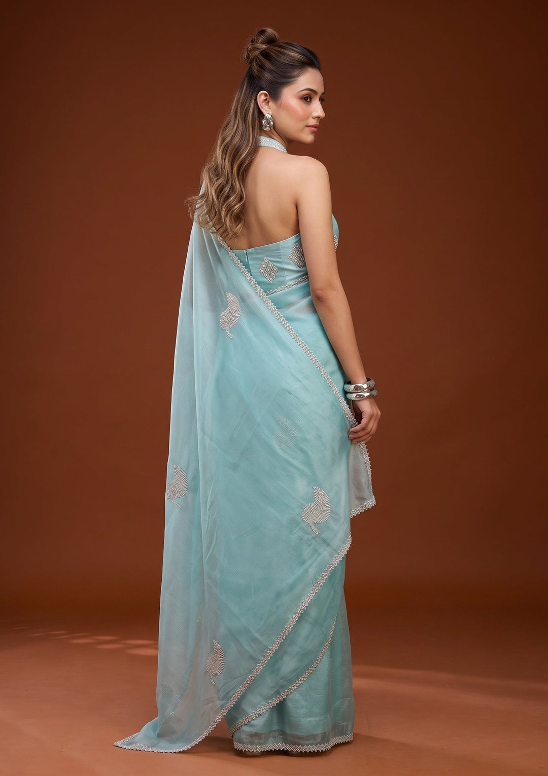 Sky Blue Stonework (Silver) Chiffon Saree