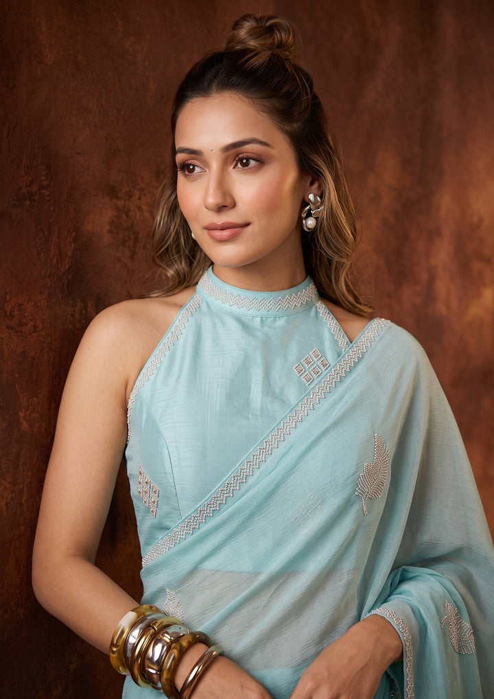 Sky Blue Stonework (Silver) Chiffon Saree