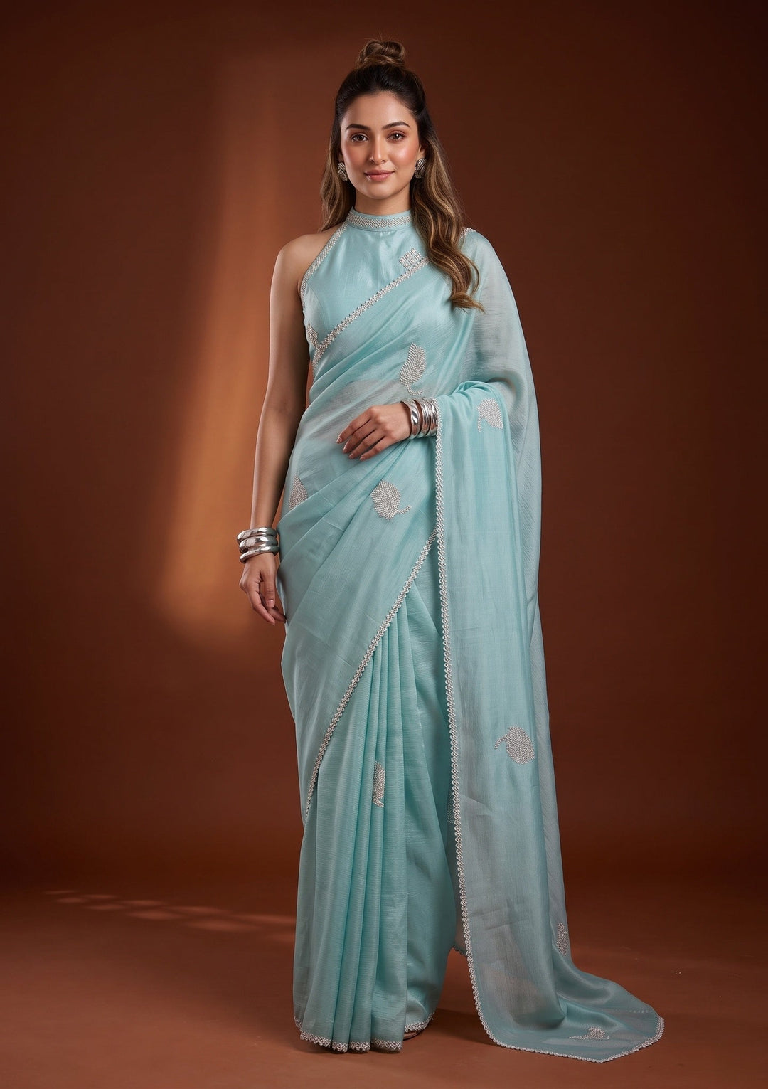 Sky Blue Stonework (Silver) Chiffon Saree