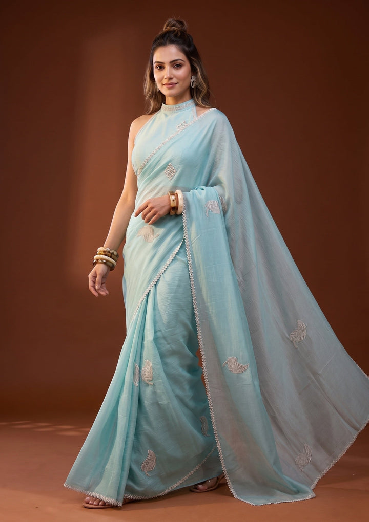 Sky Blue Stonework (Silver) Chiffon Saree