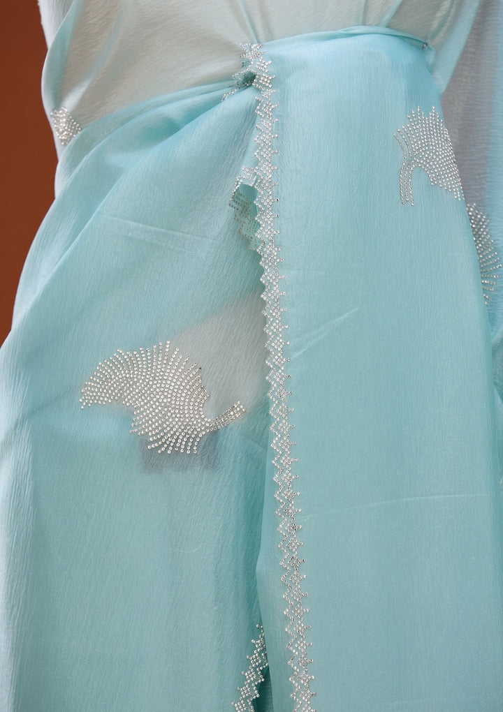 Sky Blue Stonework (Silver) Chiffon Saree