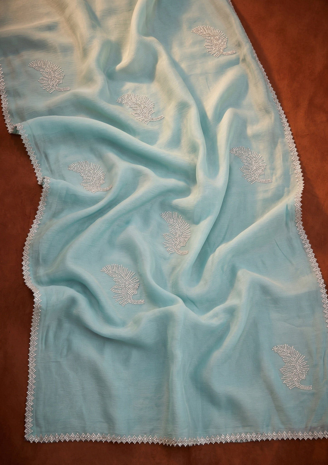 Sky Blue Stonework (Silver) Chiffon Saree