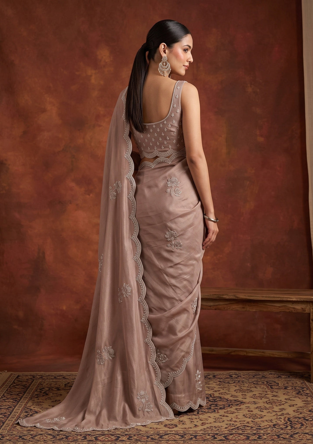 Brown Stonework (Gold) Tissue Saree