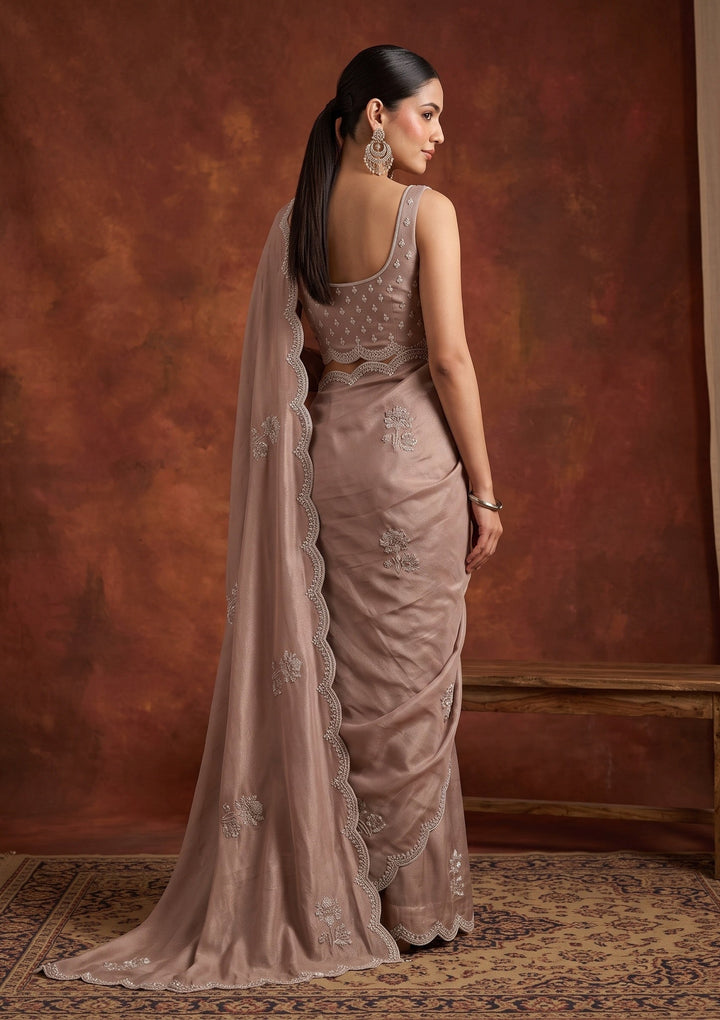 Brown Stonework (Gold) Tissue Saree