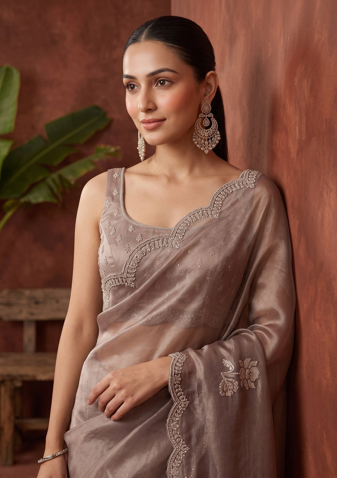 Brown Stonework (Gold) Tissue Saree