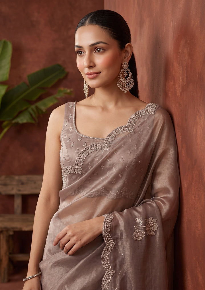 Brown Stonework (Gold) Tissue Saree