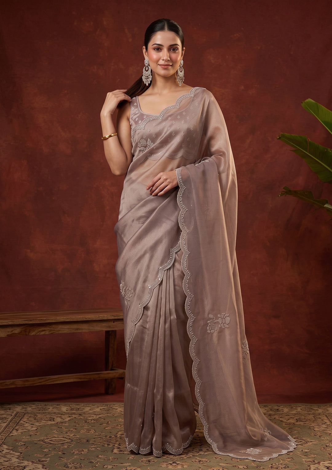 Brown Stonework (Gold) Tissue Saree