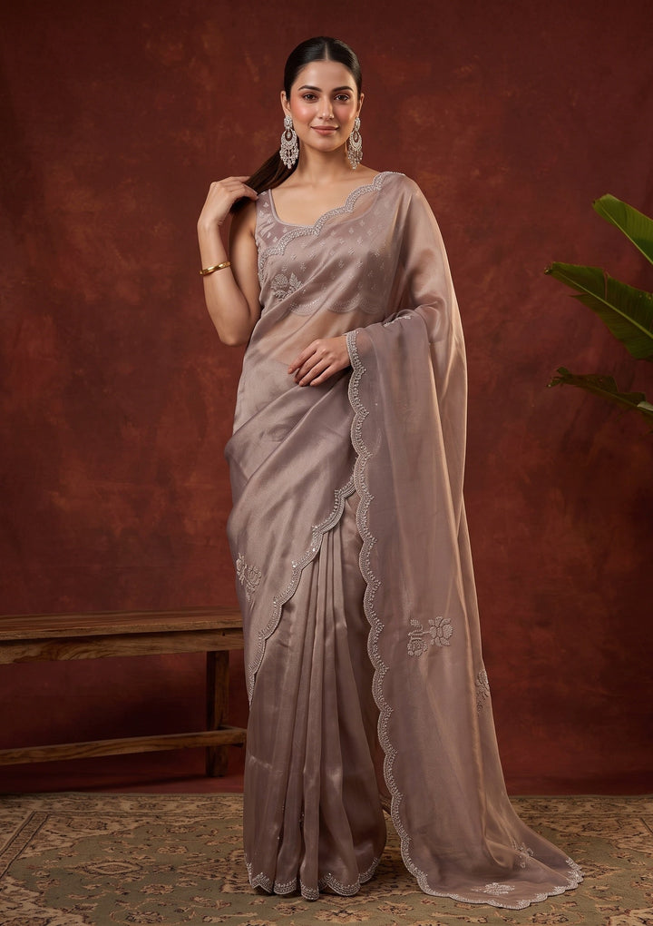 Brown Stonework (Gold) Tissue Saree