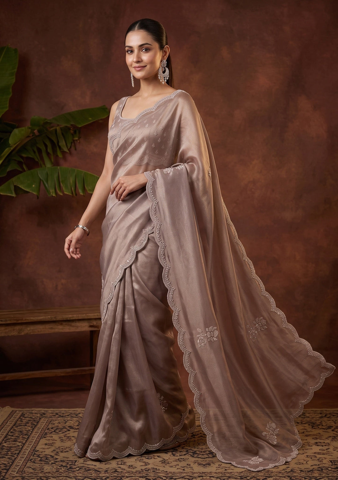 Brown Stonework (Gold) Tissue Saree
