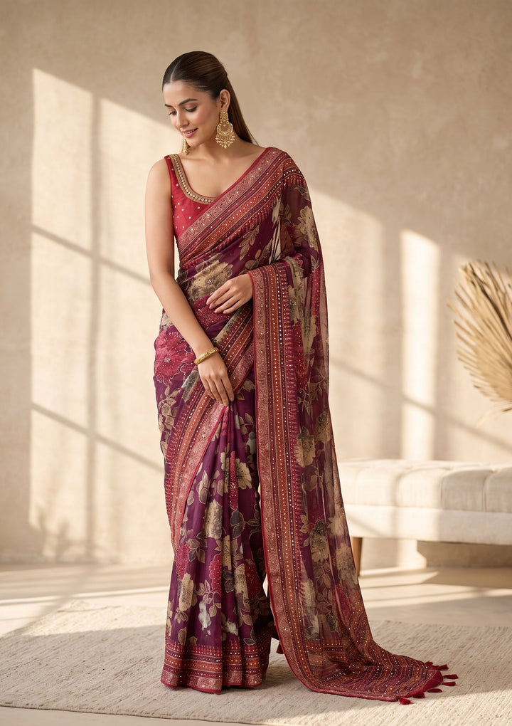 Wine Mirrorwork Chinon Saree