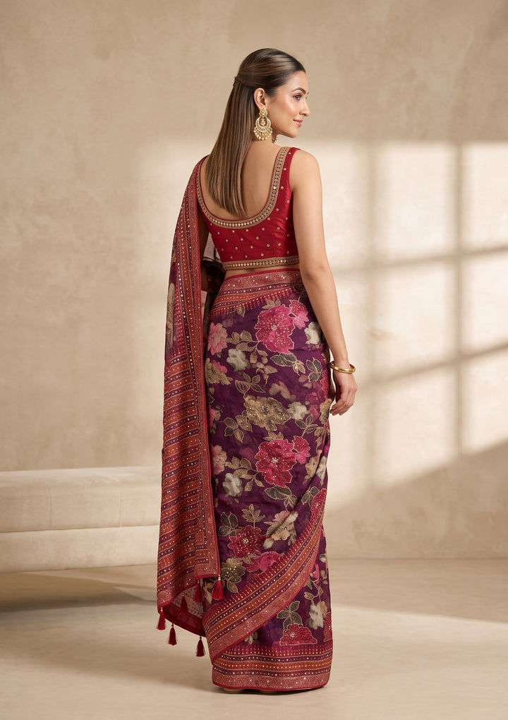 Wine Mirrorwork Chinon Saree