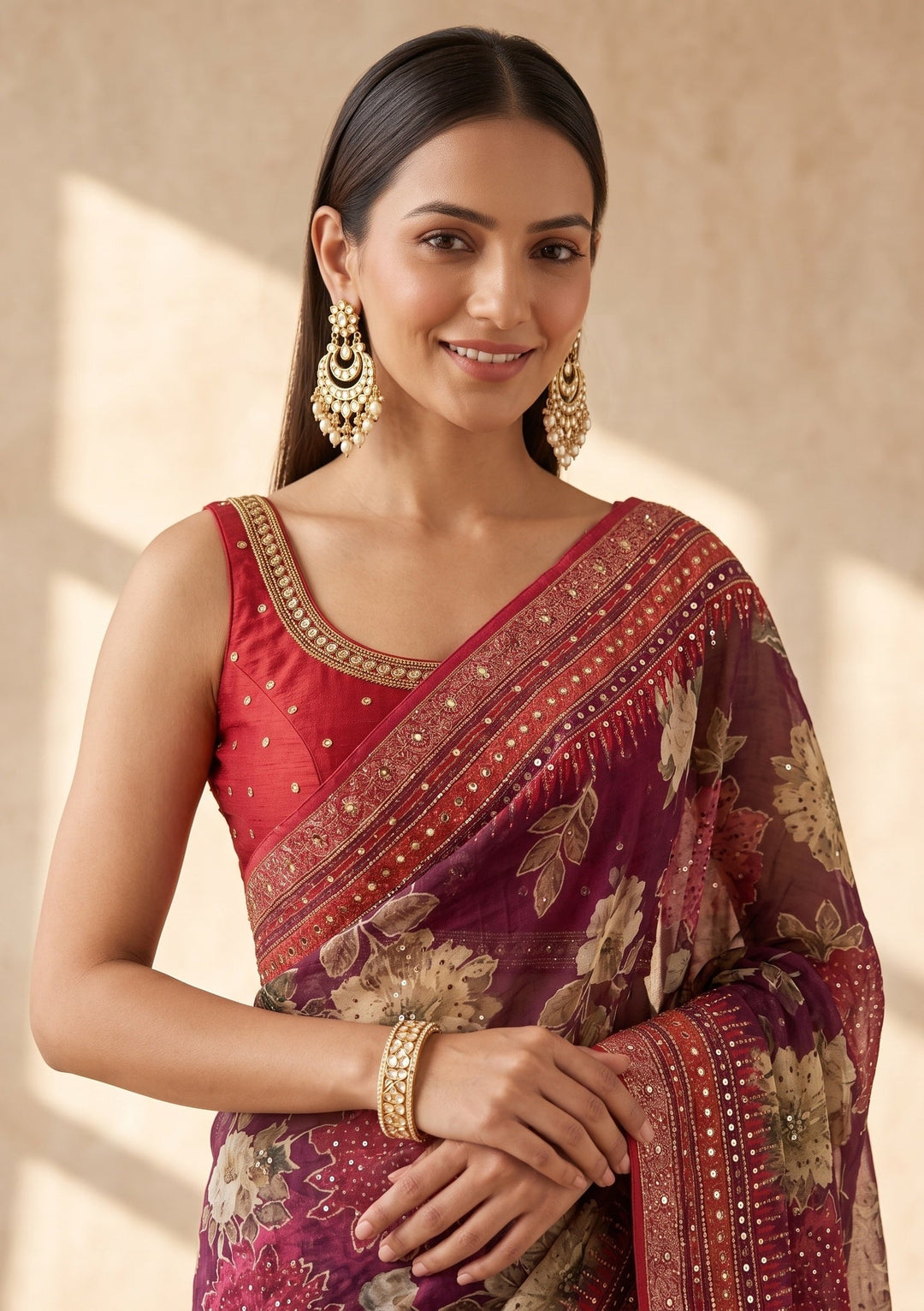 Wine Mirrorwork Chinon Saree