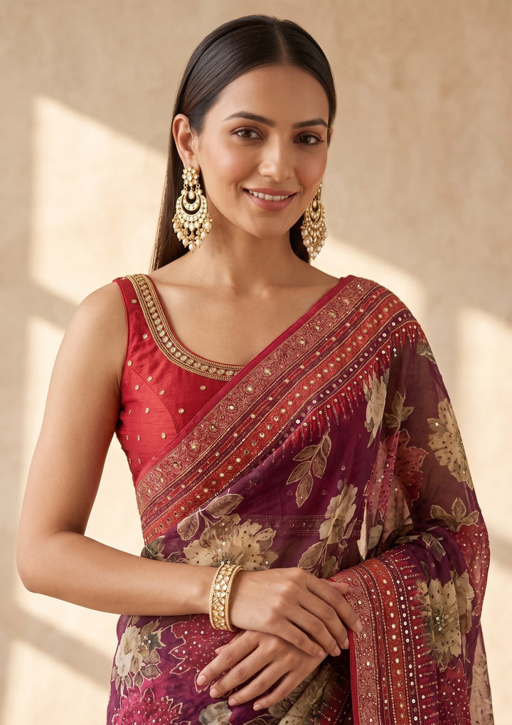 Wine Mirrorwork Chinon Saree