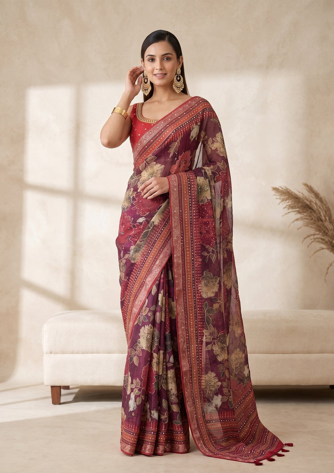 Wine Mirrorwork Chinon Saree
