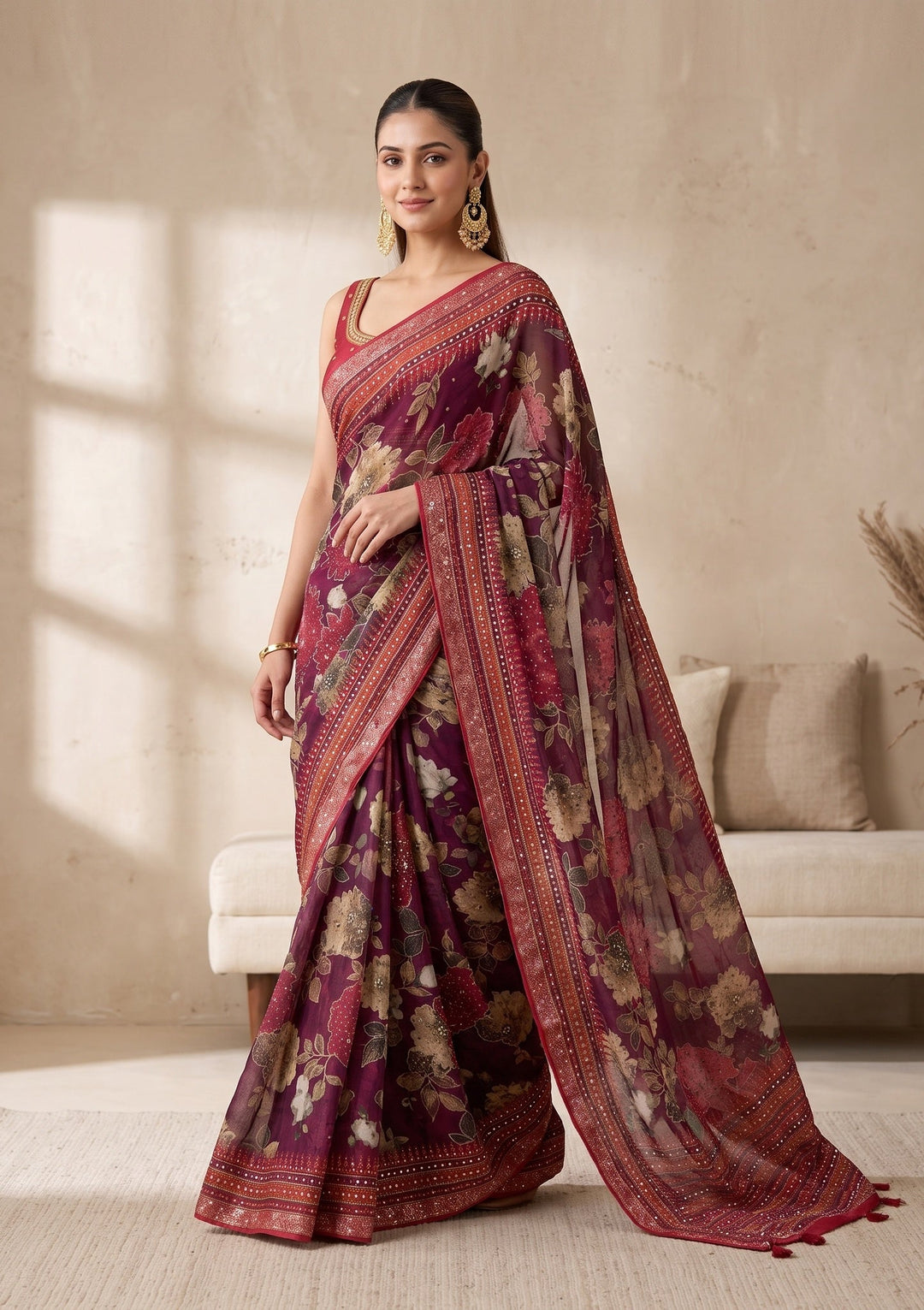 Wine Mirrorwork Chinon Saree