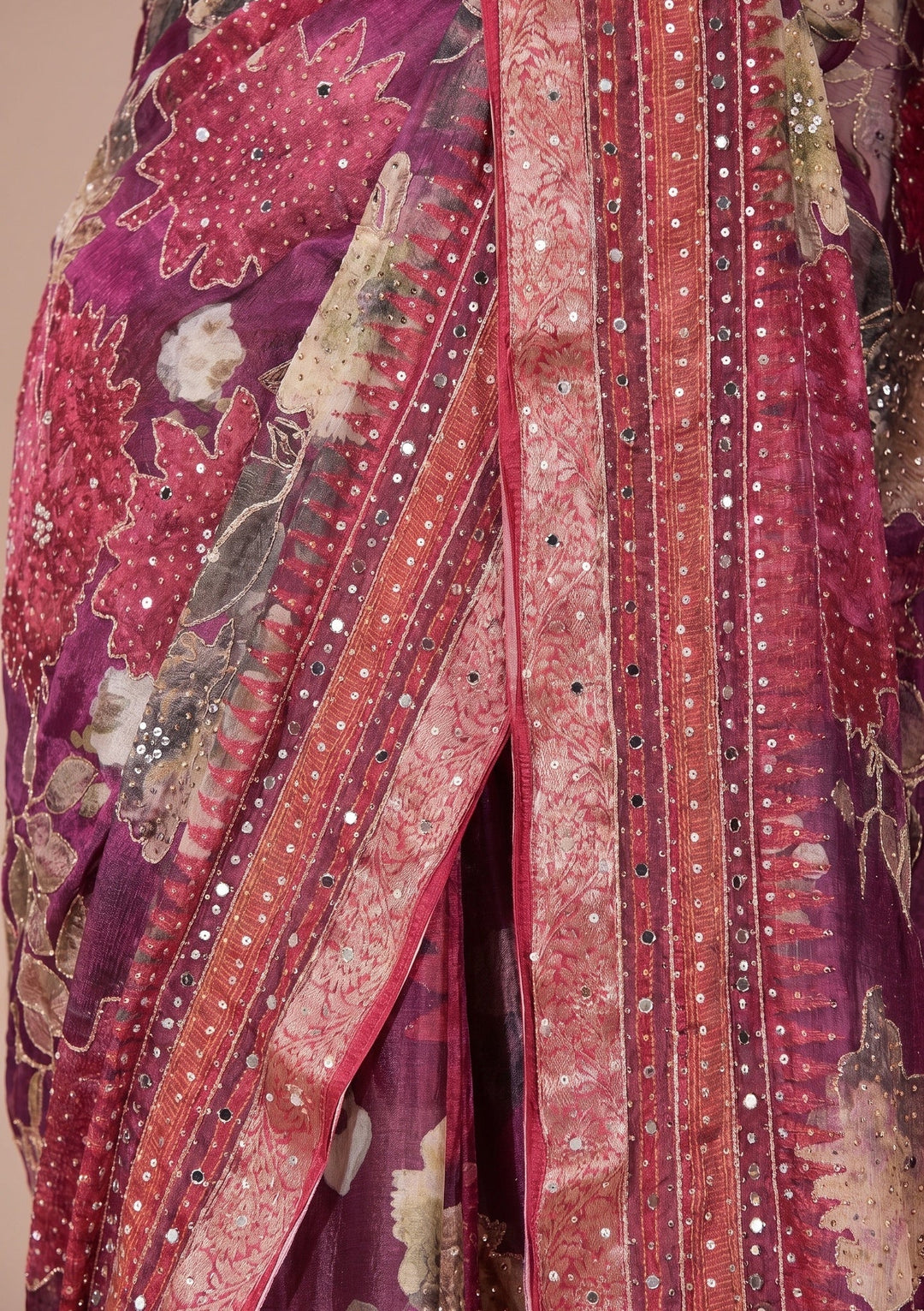 Wine Mirrorwork Chinon Saree