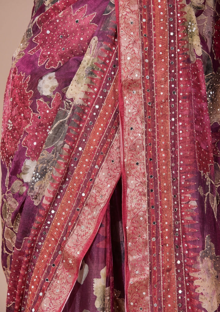 Wine Mirrorwork Chinon Saree