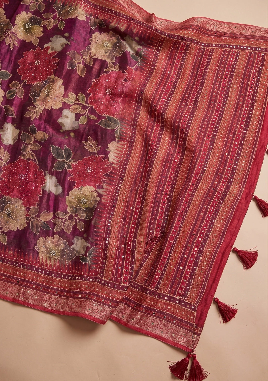 Wine Mirrorwork Chinon Saree