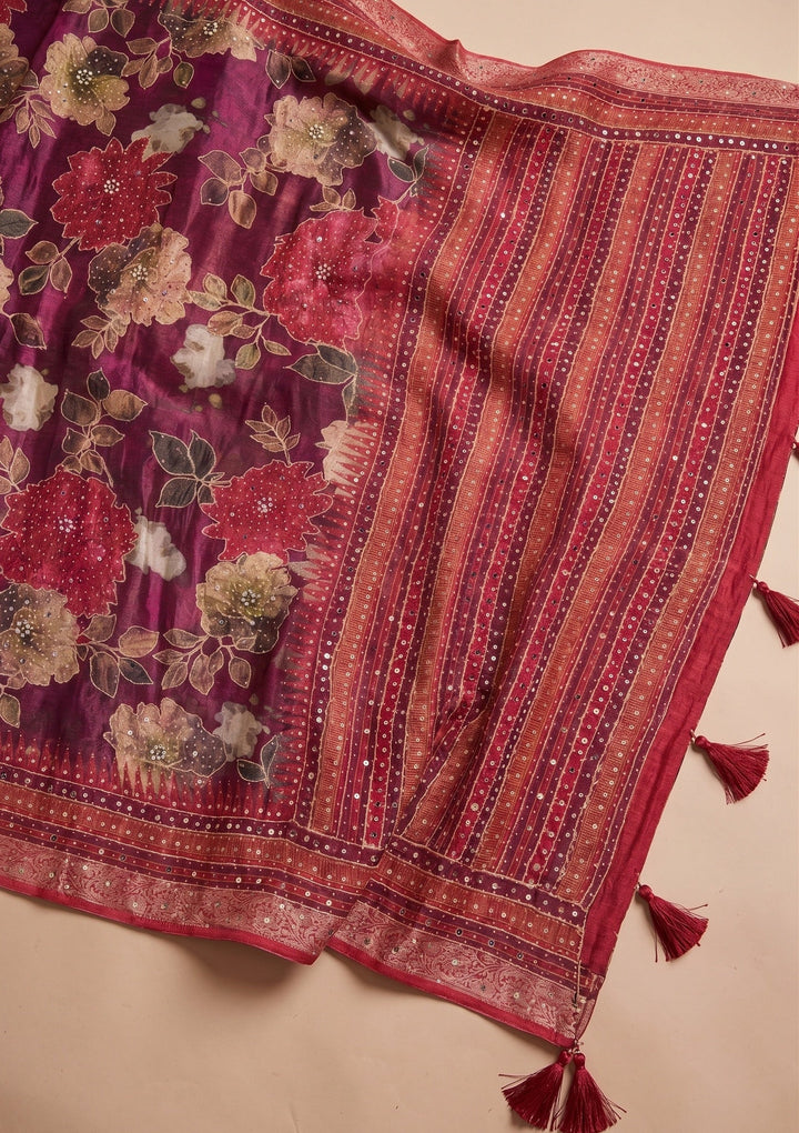 Wine Mirrorwork Chinon Saree
