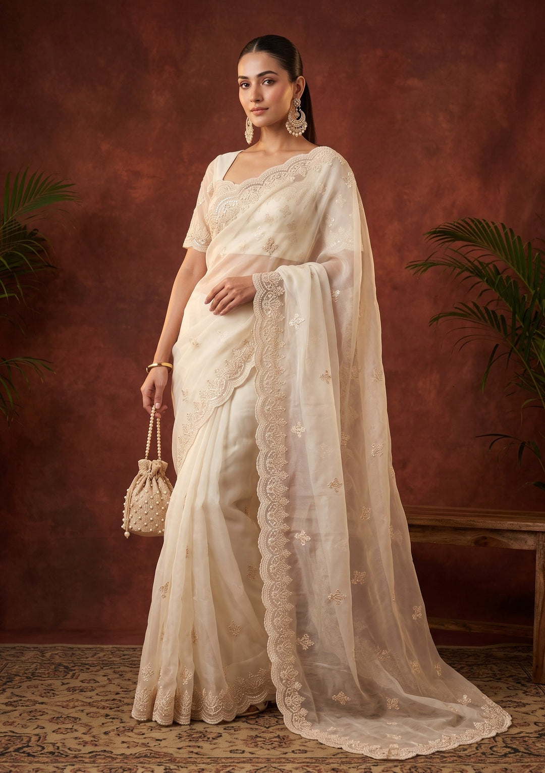 Off White Pearlwork Organza Saree