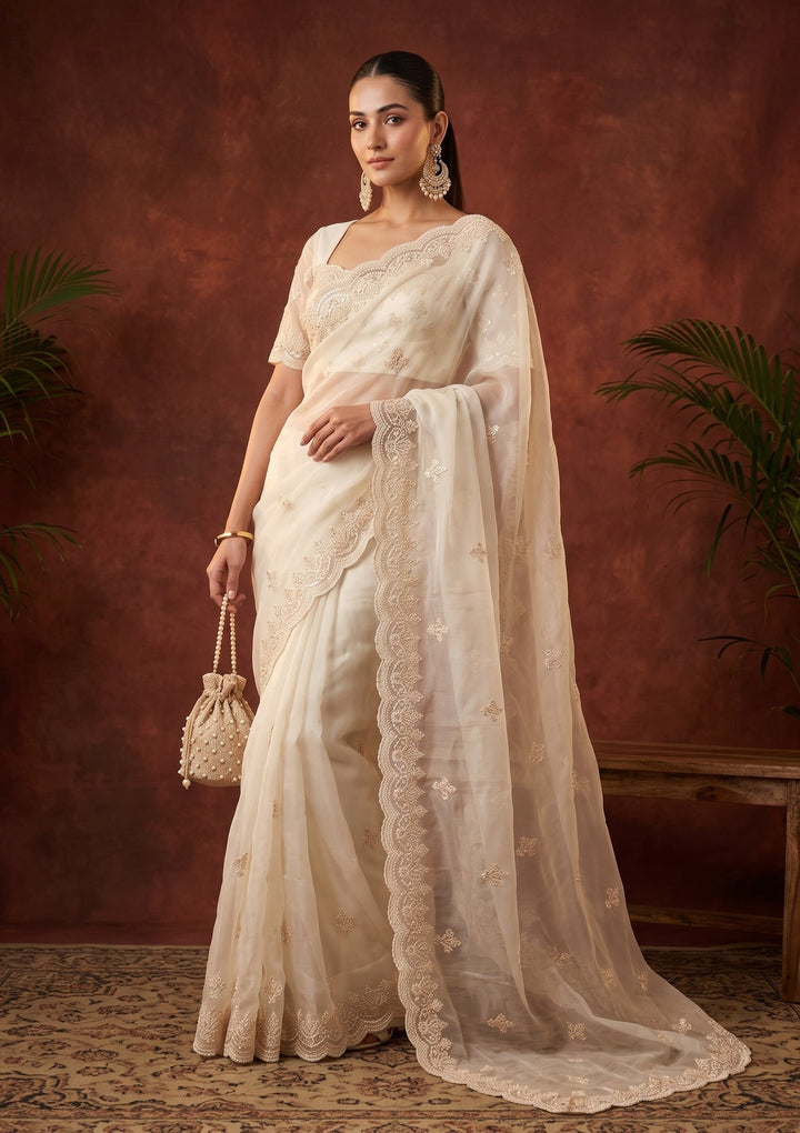 Off White Pearlwork Organza Saree