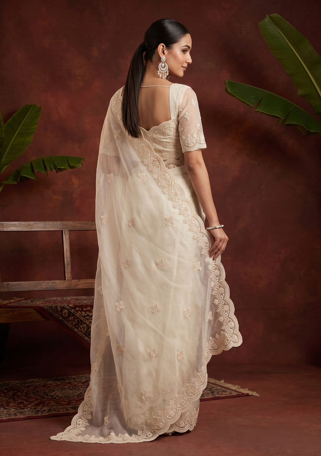 Off White Pearlwork Organza Saree