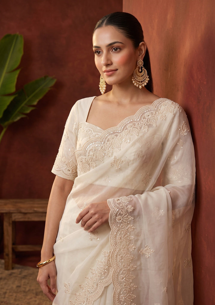 Off White Pearlwork Organza Saree