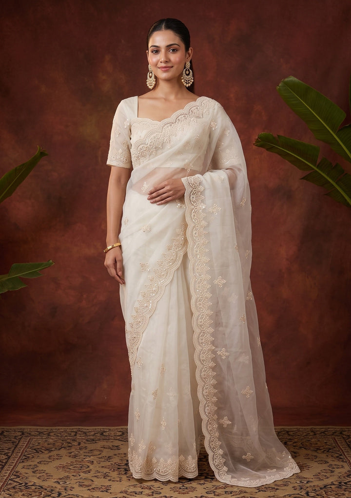 Off White Pearlwork Organza Saree
