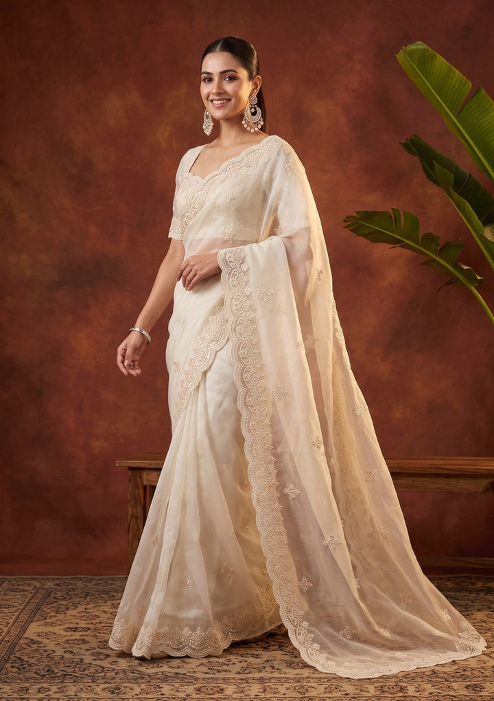 Off White Pearlwork Organza Saree