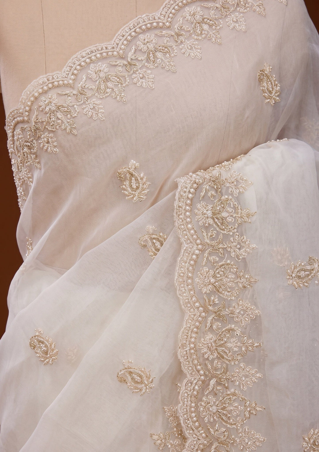 Off White Pearlwork Organza Saree