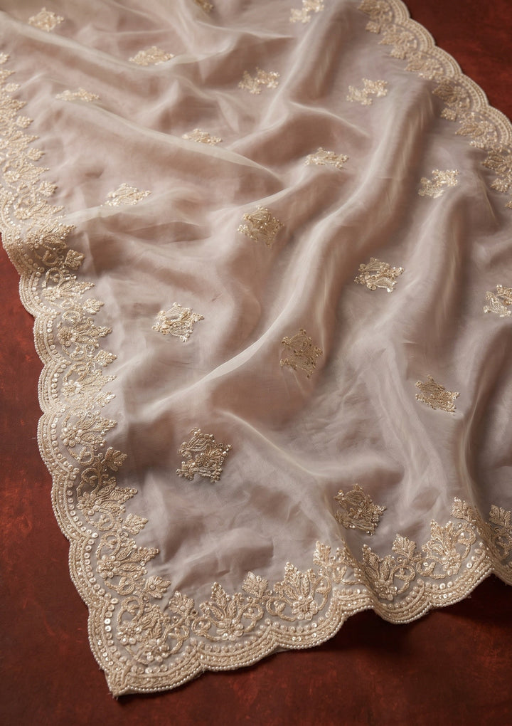 Off White Pearlwork Organza Saree