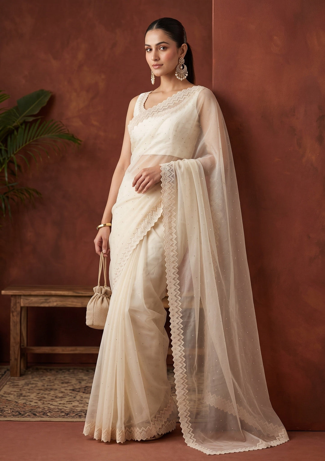 Off White Pearlwork Organza Saree