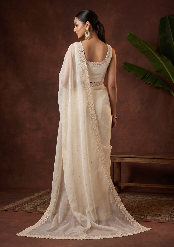 Off White Pearlwork Organza Saree