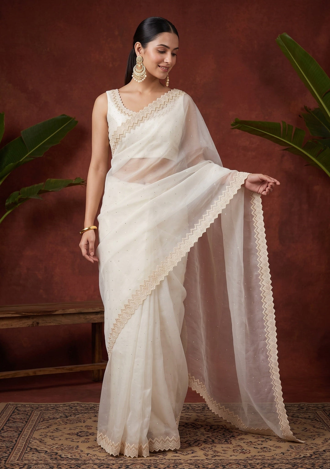 Off White Pearlwork Organza Saree