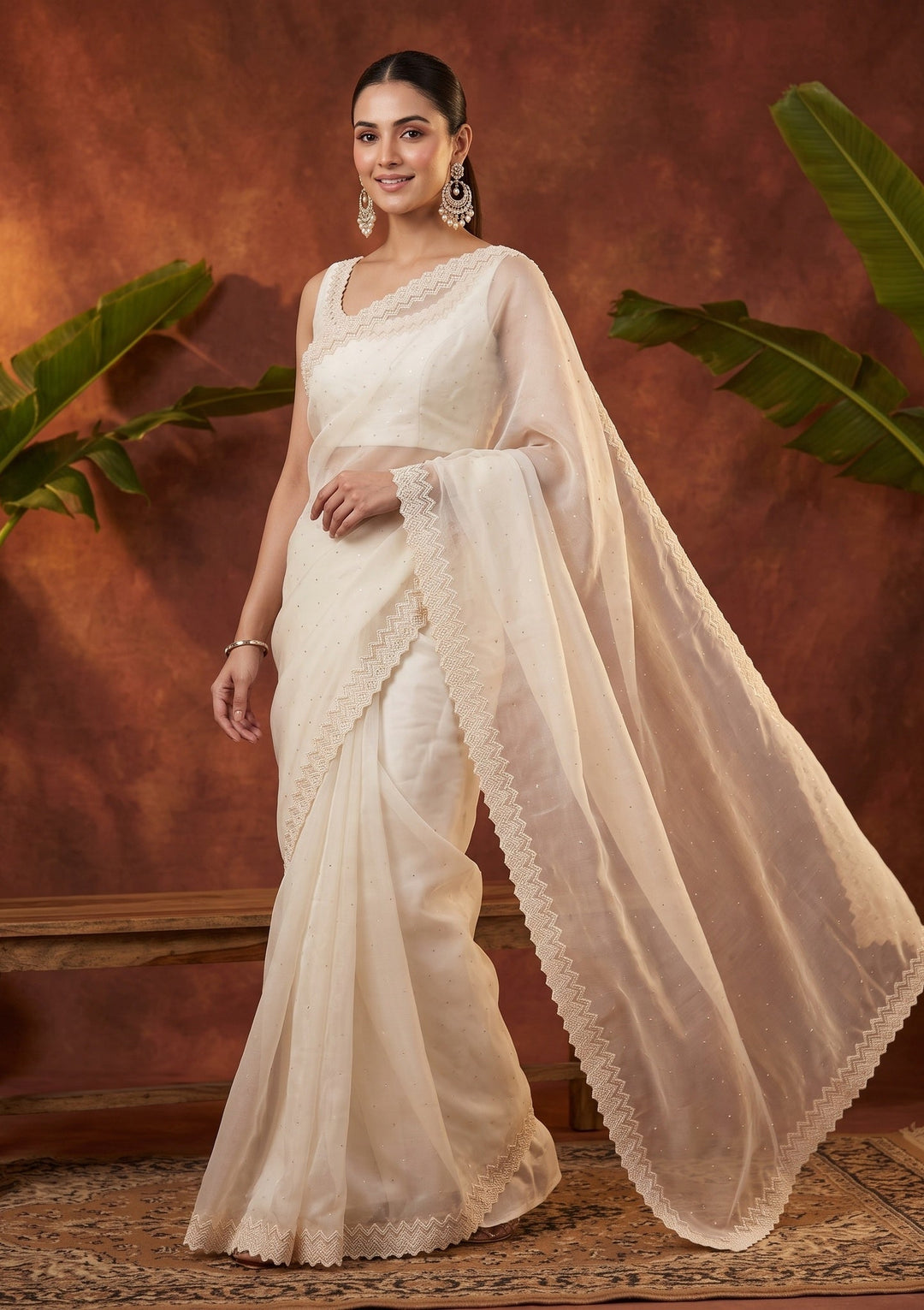 Off White Pearlwork Organza Saree