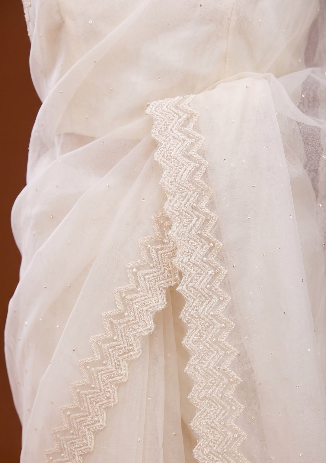 Off White Pearlwork Organza Saree