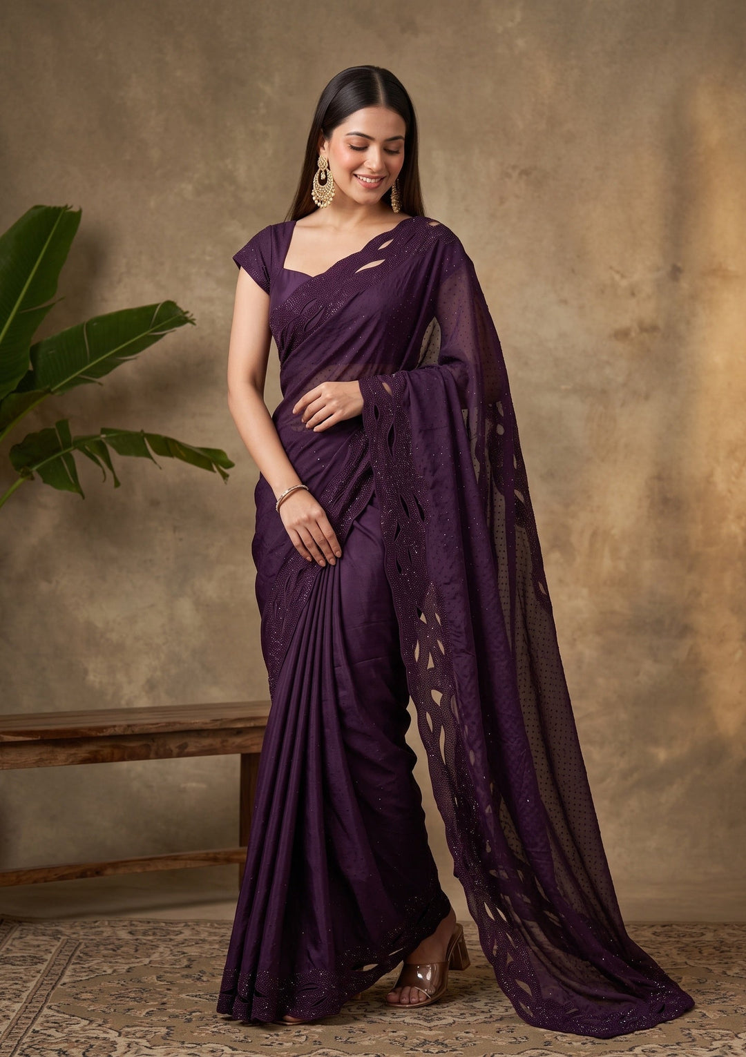Purple Swarovski Satin Saree