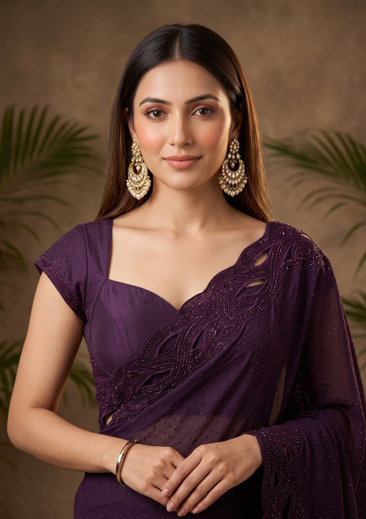 Purple Swarovski Satin Saree