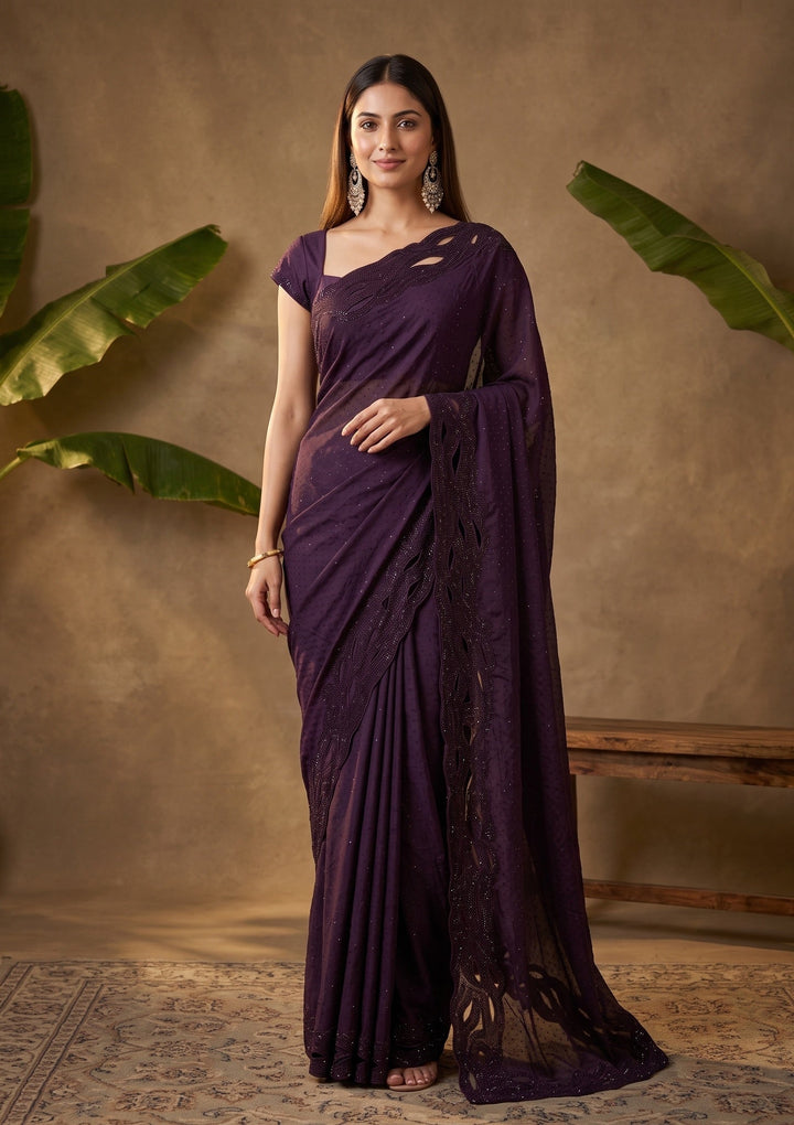 Purple Swarovski Satin Saree