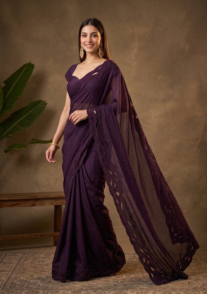Purple Swarovski Satin Saree