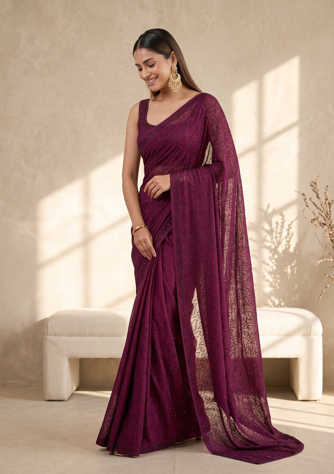 Wine Swarovski Satin Saree