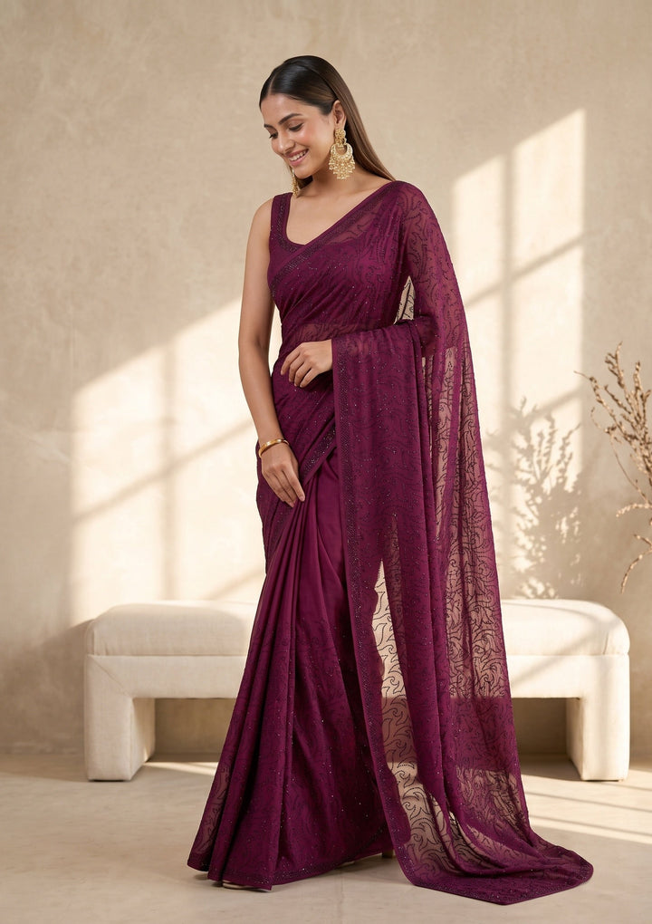 Wine Swarovski Satin Saree