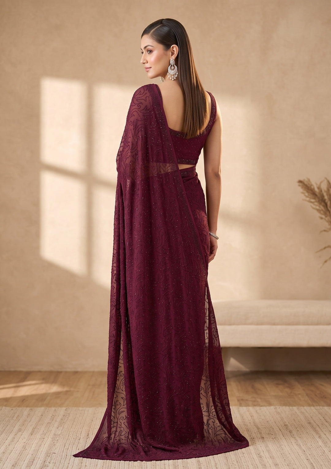 Wine Swarovski Satin Saree